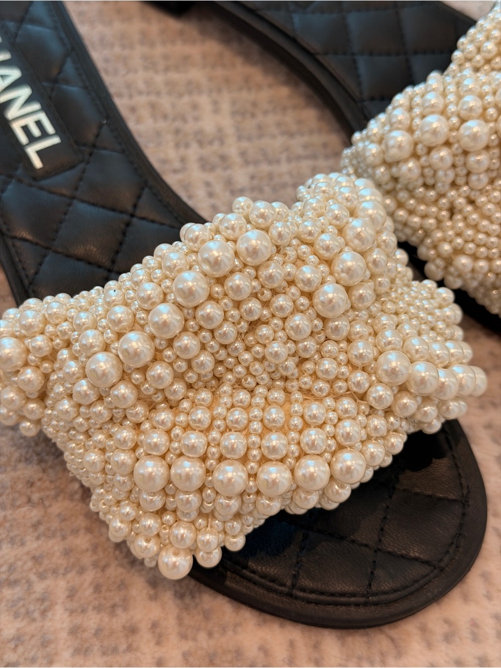 CHANEL Black Quilted Slide Mules with Pearl Embellished Strap - Picture 2 of 4